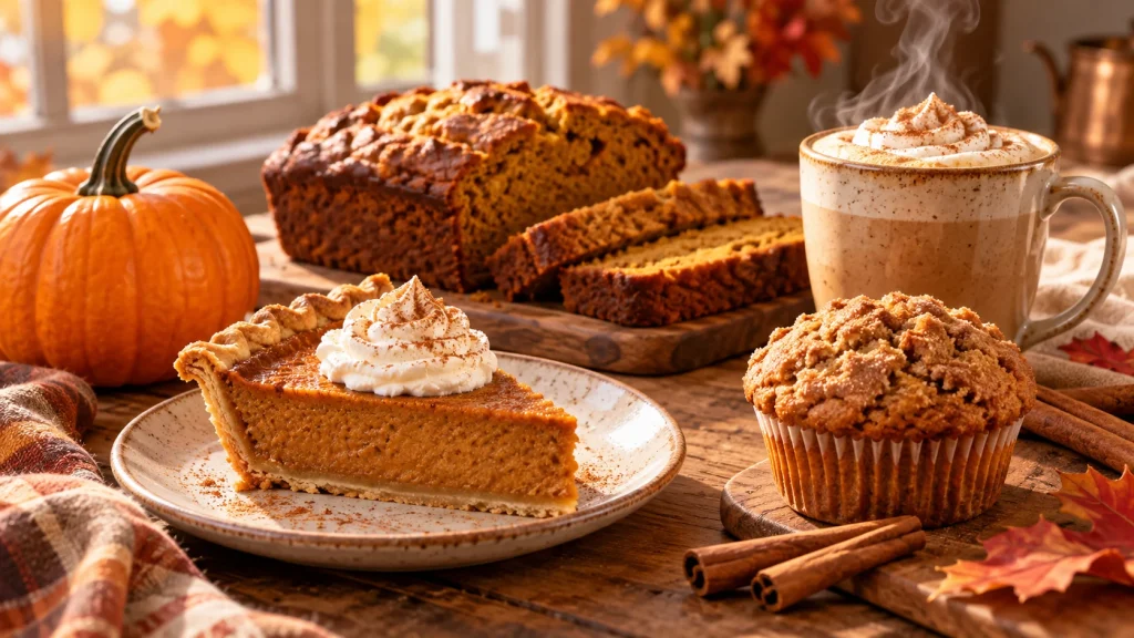 Pumpkin pie, bread, muffin and pumpkin spice latte on an autumn kitchen table