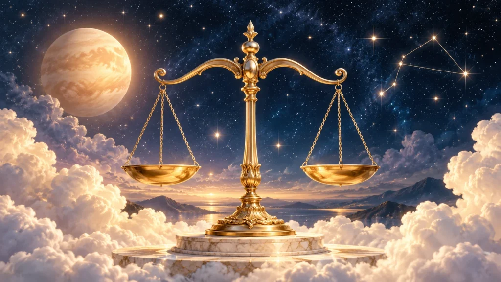 Golden balanced scales beneath a starry celestial sky