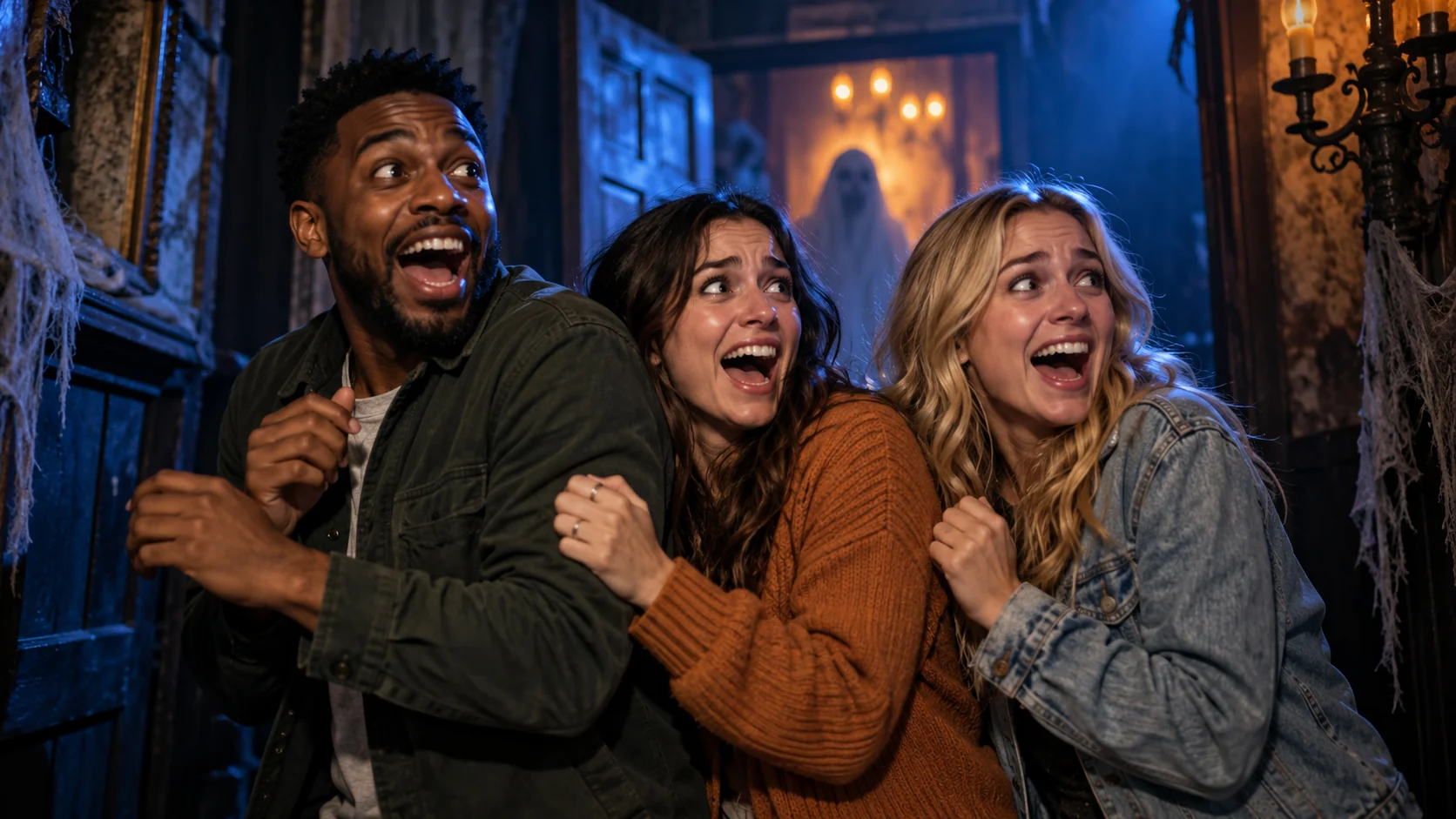 Friends laughing and reacting to a playful scare at a haunted attraction